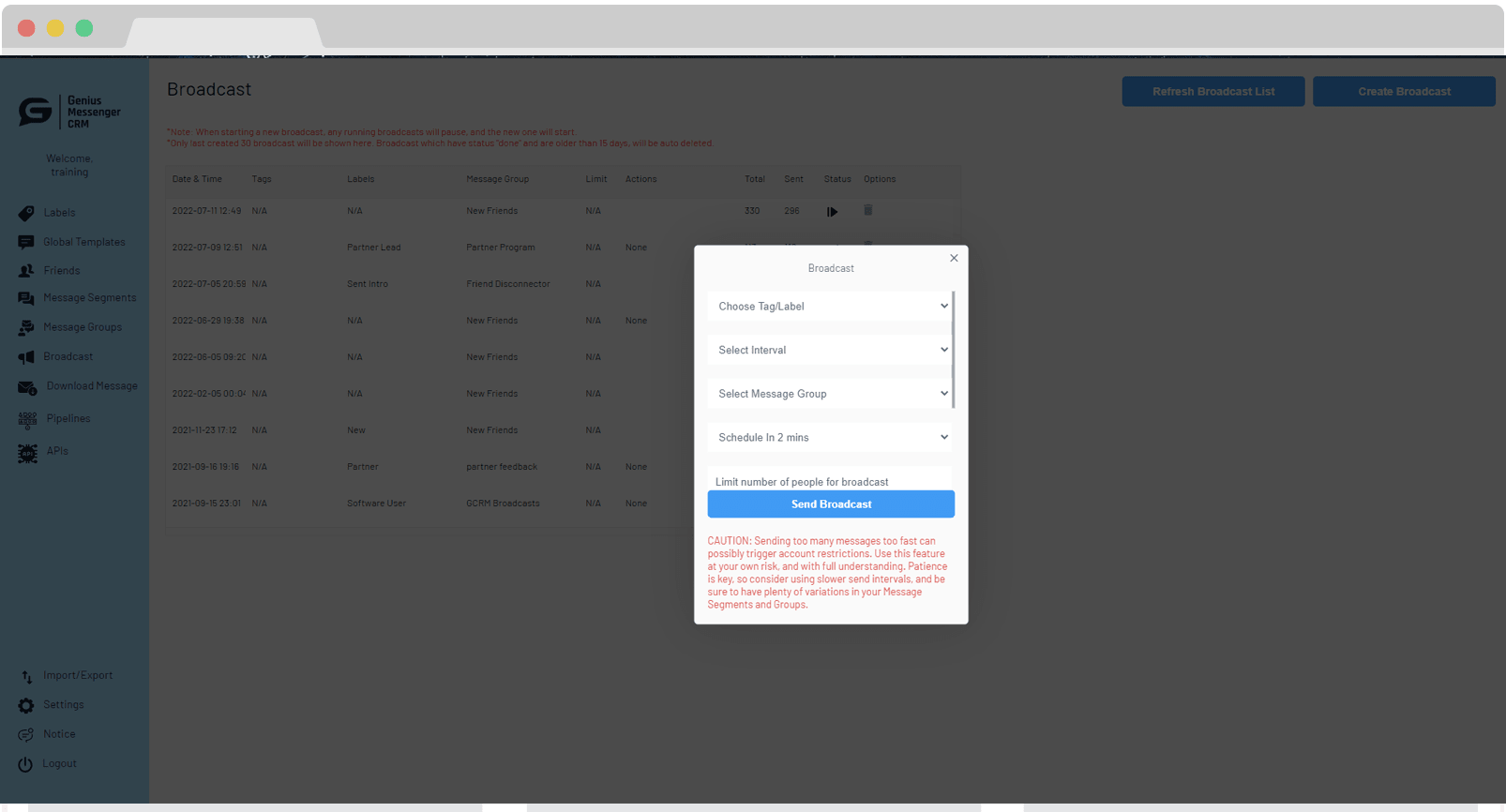 Genius Messenger broadcast modal